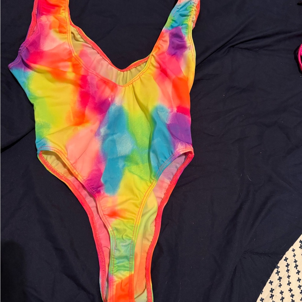 Vibrant Rainbow Tye Dye romper Piece Swimsuit - Picture 3 of 6